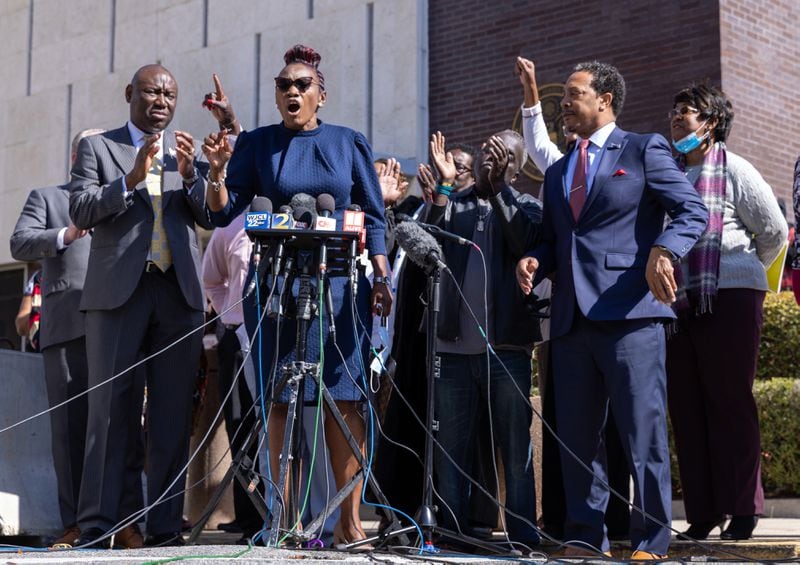 Wanda Cooper Jones, the mother of Ahmaud Arbery, speaks to reporters in Brunswick, Ga., after a jury determined on Tuesday, Feb. 22, 2022, that the three white Georgia men who murdered her son violated a federal hate-crime statute by depriving Arbery, a 25-year-old Black man, of his right to use a public street because of the color of his skin. The federal convictions ensure that the defendants will receive significant prison time even if their state convictions are overturned or their sentences reduced on appeal. (Dustin Chambers/The New York Times)