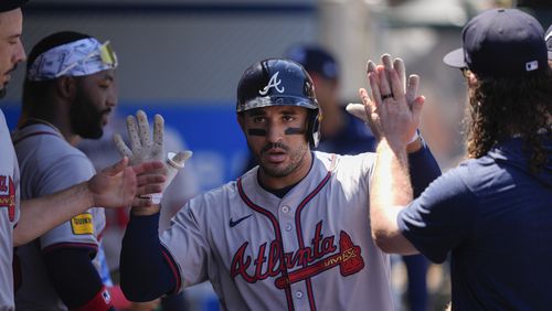 Atlanta Braves' Ramon Laureano celebrates after hitting a solo-home run during the fourth inning of a baseball game against the Los Angeles Angels, Sunday, Aug. 18, 2024, in Anaheim, Calif. (AP Photo/Ryan Sun)