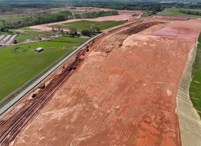 Aerial photograph shows the 2,000-acre Rivian factory site in southern Walton and Morgan counties on March 30, 2023, in Social Circle, Georgia. (Hyosub Shin/The Atlanta Journal-Constitution/TNS)