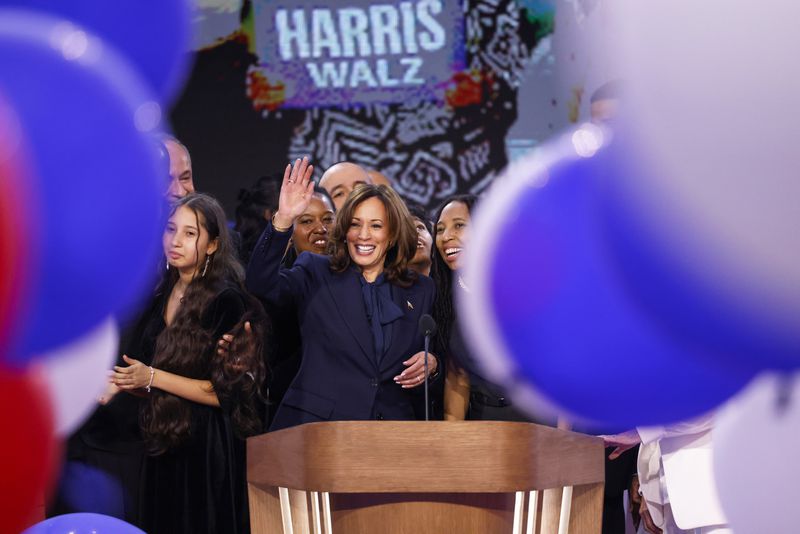 Democratic presidential nominee Vice President Kamala Harris celebrates with family and friends at the end of the Democratic National Convention Thursday, Aug. 22, 2024, in Chicago. (Gabrielle Lurie/San Francisco Chronicle via AP)