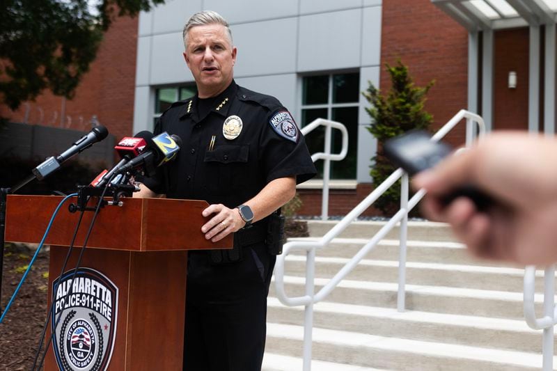 Alpharetta Department of Public Safety Chief John Robinson answers the press questions on Friday, June 23, 2023, outside of Alpharetta Department of Public Safety in Alpharetta. Chief Robinson spoke in regards to a video of a Fulton County detention officer choking an detainee during transport. (Michael Blackshire/Michael.blackshire@ajc.com)