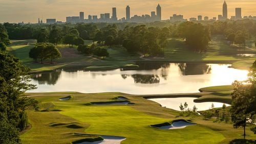 Here rising beyond East Lake’s seventh hole, the Atlanta skyline figures to play even bigger at this year’s Tour Championship due to the course redesign. (Photo credit, PGA Tour)