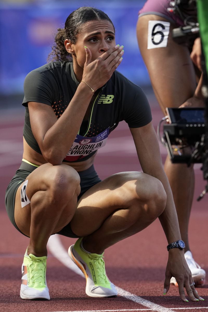 Sydney McLaughlin-Levrone reacts to winning the women's 400-meter hurdles final during the U.S. Track and Field Olympic Team Trials, Sunday, June 30, 2024, in Eugene, Ore. (AP Photo/George Walker IV)