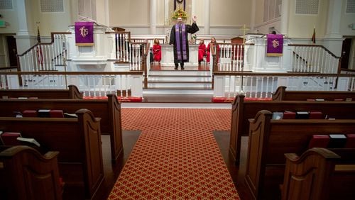 First United Methodist Church of Marietta Rev. Brian Smith leads a children sermon through their Livestream Sunday service on March 15, 2020.  STEVE SCHAEFER / SPECIAL TO THE AJC