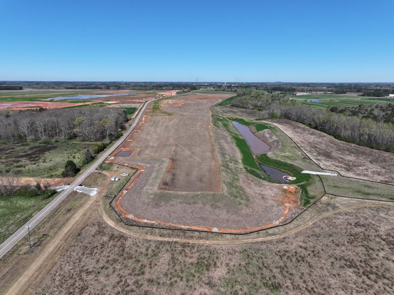 An aerial vantage point of the Rivian factory site on March 19, 2024.
Miguel Martinez /miguel.martinezjimenez@ajc.com