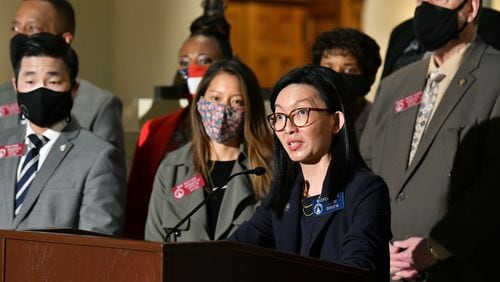 March 18, 2021 Atlanta - Asian American lawmakers including Sen. Michelle Au speaks to members of the press during a news conference on the shooting deaths of eight people, six who were Asian women, at spas, at the Georgia State Capitol on Thursday, March 18, 2021.(Hyosub Shin / Hyosub.Shin@ajc.com)