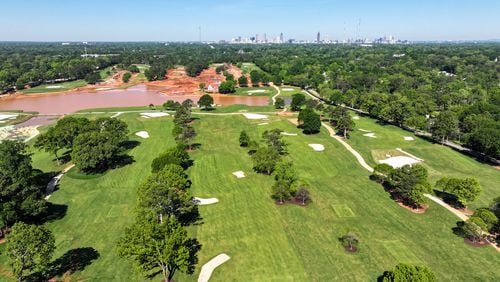 An ariel view of some of the front nine during the ongoing construction project at East Lake Golf Club. The course renovation will be done in time for the 2024 Tour Championship.