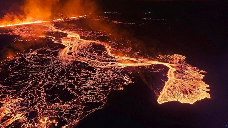 A volcano in southwestern Iceland erupted Thursday, Aug. 22, 2024, for the sixth time since December, spewing red lava through a new fissure on the Reykjanes Peninsula.( Iceland Civil Defense via AP)