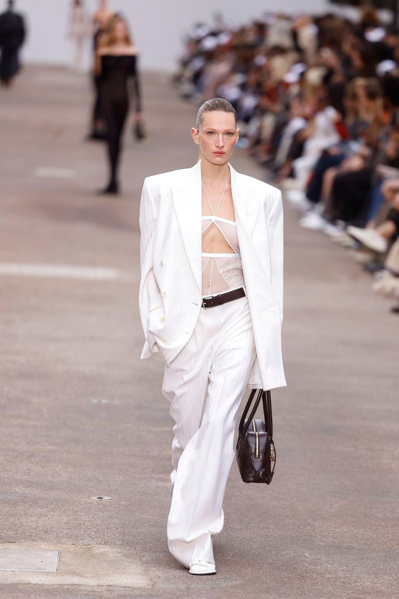 A model wears a creation as part of the Stella McCartney Spring/Summer 2025 collection presented Monday, Sept. 30, 2024 in Paris. (Photo by Vianney Le Caer/Invision/AP)