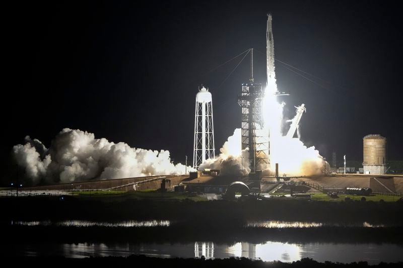 A SpaceX Falcon 9 rocket with a crew of four lifts off from pad 39A at the Kennedy Space Center in Cape Canaveral, Fla., Tuesday, Sept. 10, 2024. (AP Photo/John Raoux)