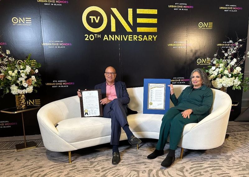 (L. to R.) Alfred Liggins III, CEO of Urban One and founder/CEO of TV One, and Cathy Hughes, founder/chairperson of Urban One, Inc., hold both proclamations from Fulton County and the City of Atlanta for the 20th anniversary of TV One at The Waldorf Astoria Hotel in Atlanta on January 19, 2024.
(Chris Mitchell/ ONE/35 Agency)