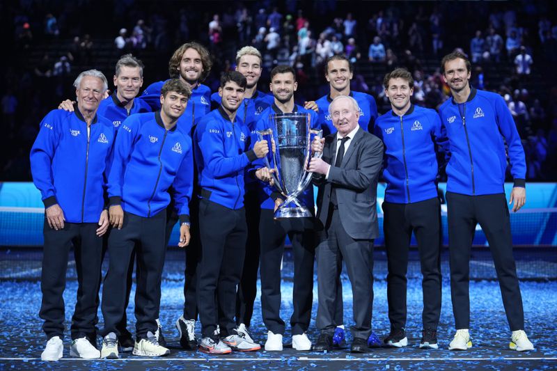 Team Europe celebrates after they defeated Team World for the Laver Cup in tennis, at the Uber arena in Berlin, Germany, Sunday, Sept. 22, 2024. (AP Photo/Ebrahim Noroozi)