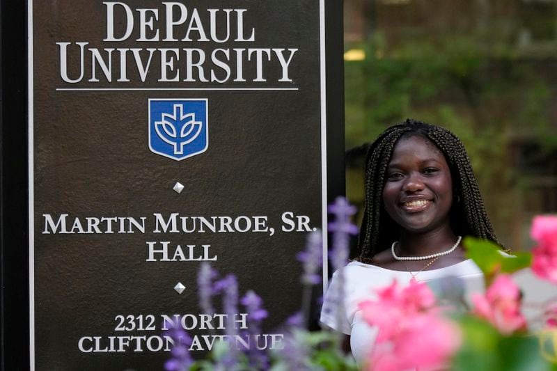 Adjovi Golo poses for photos at DePaul University in Chicago, Wednesday, Aug. 28, 2024. (AP Photo/Nam Y. Huh)