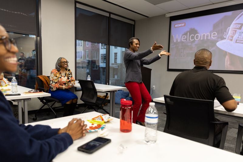 Stephanie Lee, senior director of supplier diversity and community outreach for McCarthy, speaks at a clinic for construction businesses that is being run by the Morehouse Innovation and Entrepreneurship Center at McCarthy Building Companies in Atlanta on Tuesday, February 20, 2024. (Arvin Temkar / arvin.temkar@ajc.com)