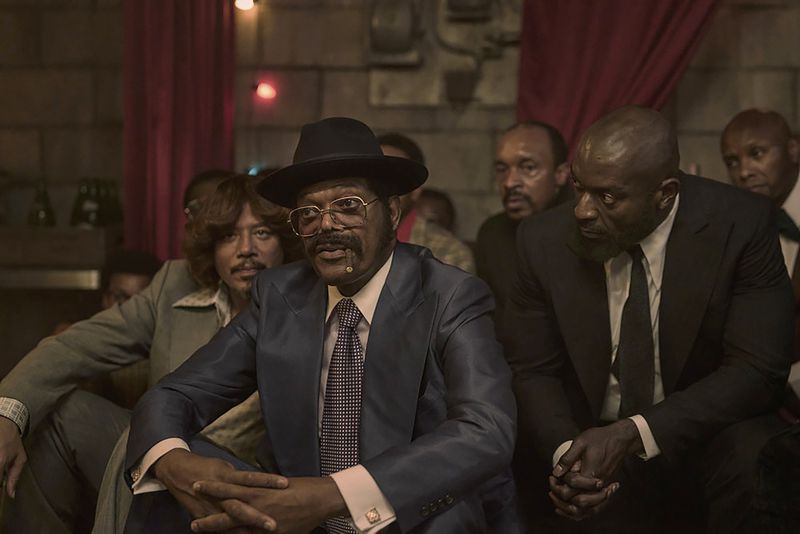 From left, Terrence Howard as Cadillac Richie, Samuel L. Jackson as Frank Moten and Michael James Shaw as Lamar in Peacock’s miniseries “Fight Night: The Million Dollar Heist.” The series is set in 1970 Atlanta. (Parrish Lewis/Peacock/TNS)