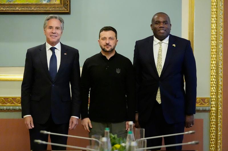 U.S. Secretary of State Antony Blinken and Britain's Foreign Secretary David Lammy meet with Ukraine's President Volodymyr Zelenskyy at the Mariinsky Palace in Kyiv, Ukraine, Wednesday, Sept. 11, 2024. (AP Photo/Mark Schiefelbein, Pool)