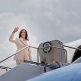 Vice President Kamala Harris boards Air Force Two in Indianapolis after speaking at Zeta Phi Beta's Grand Boulé convention on Wednesday, July 24, 2024. (Erin Schaff/The New York Times)