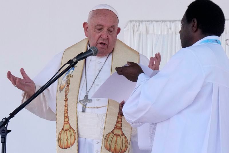 Pope Francis gives an address during meeting with young people in the Sir John Guise Stadium in Port Moresby, Papua New Guinea, Monday, Sept. 9, 2024. (AP Photo/Mark Baker)