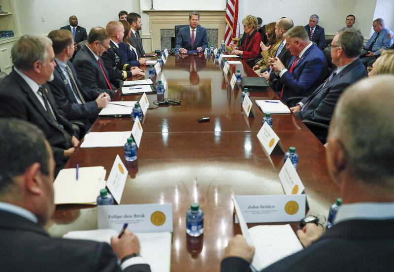 February 28, 2020 - Atlanta - Governor Brian Kemp addressed the newly formed Governor’s Coronavirus Task Force. State School Superintendent Richard Woods is seated second from left. Bob Andres / robert.andres@ajc.com