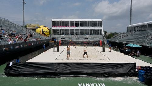 Scene from the AVP’s Beach Volleyball Gold Series Atlanta Open at Atlantic Station, Friday, August 4, 2023, in Atlanta. The Atlanta team formally announced its name, colors, and logo during the AVP’s (Association of Volleyball Professionals) Beach Volleyball Gold Series Atlanta Open, held at Atlantic Station in midtown Atlanta. The Atlanta Pro Volleyball Federation team has selected Gas South Arena as its home venue when it opens its inaugural season in early 2024, the team announced Thursday. (Hyosub Shin / Hyosub.Shin@ajc.com)