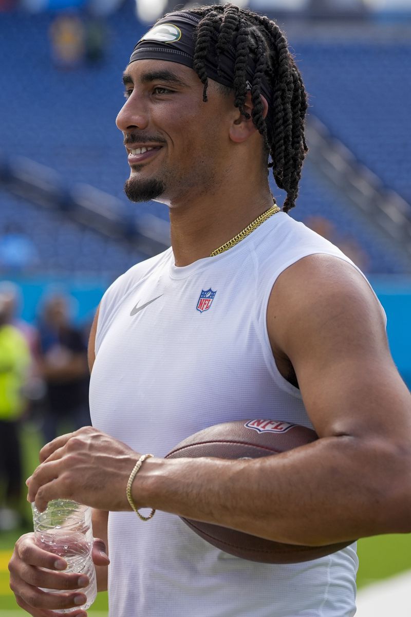 Green Bay Packers' Jordan Love is seen before an NFL football game against the Tennessee Titans Sunday, Sept. 22, 2024, in Nashville, Tenn. (AP Photo/George Walker IV)