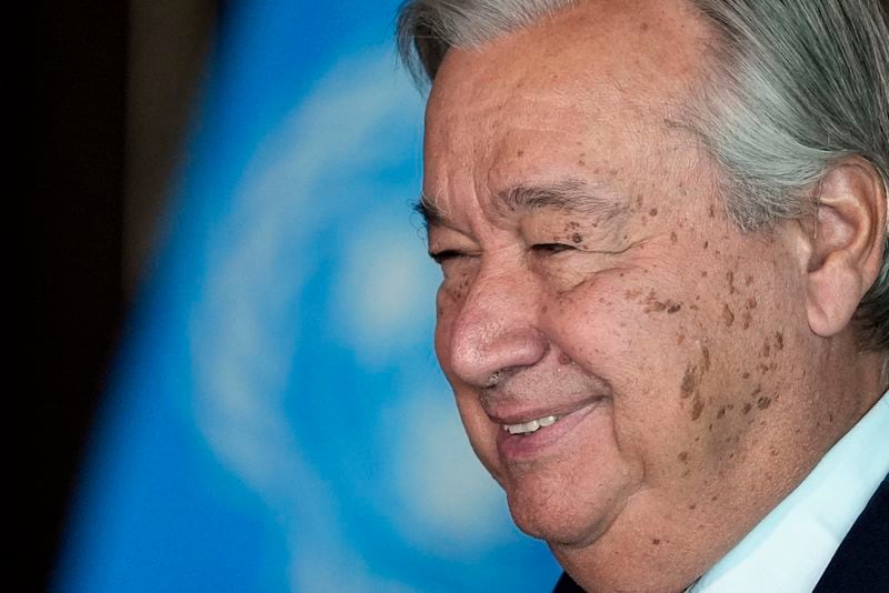 United Nations Secretary-General Antonio Guterres stands after being interviewed at the United Nations headquarters, Monday, Sept. 9, 2024. (AP Photo/Pamela Smith)