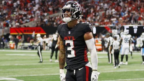 Atlanta Falcons safety Jessie Bates III  reacts after intercepting the ball in the first half against the Carolina Panthers on Sunday, Sept. 10, 2023, at Mercedes-Benz Stadium in Atlanta. (Miguel Martinez/The Atlanta Journal-Constitution)