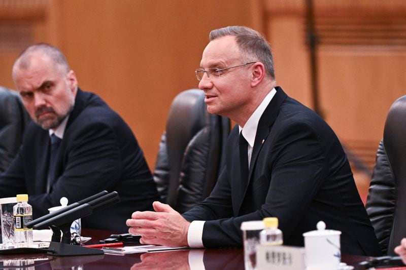 Poland's President Andrzej Duda speaks during a meeting with China's President Xi Jinping (not in picture) at the Great Hall of the People in Beijing, Monday, June 24, 2024. (Pedro Pardo/Pool Photo via AP)