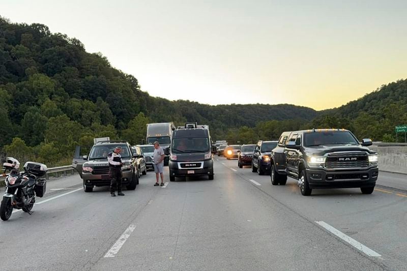 This image released by the Mount Vernon Fire Department shows traffic stopped during an active shooting on Interstate 75 north of London, Ky., Saturday, Sept. 7, 2024. (Camden Mink/Mount Vernon Fire Department via AP)