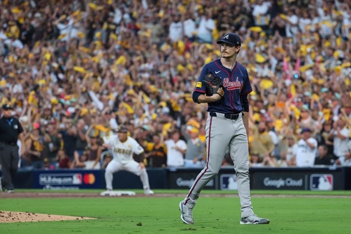 Atlanta Braves pitcher Max Fried (54) walks from the field during the second inning of National League Division Series Wild Card Game Two against the San Diego Padres at Petco Park in San Diego on Wednesday, Oct. 2, 2024.   (Jason Getz / Jason.Getz@ajc.com)