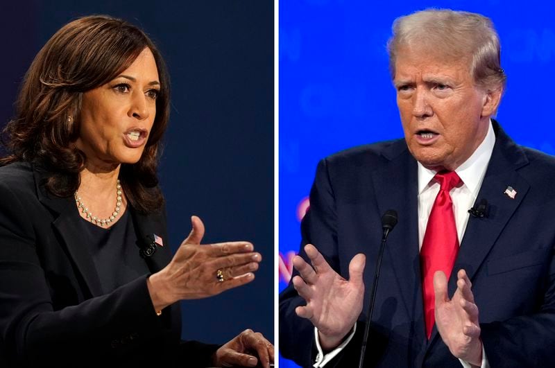 In this combination photo, Democratic vice presidential candidate Sen. Kamala Harris, D-Calif., speaks during a debate, Oct. 7, 2020, in Salt Lake City, left, and Republican presidential candidate former President Donald Trump speaks during a debate, June 27, 2024, in Atlanta. (AP Photo)