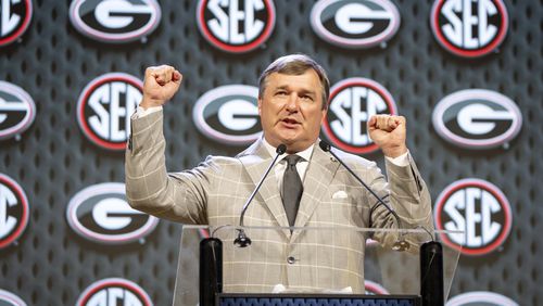 Georgia head coach Kirby Smart speaks during Southeastern Conference NCAA college football media days Tuesday, July 16, 2024, in Dallas. (AP Photo/Jeffrey McWhorter)