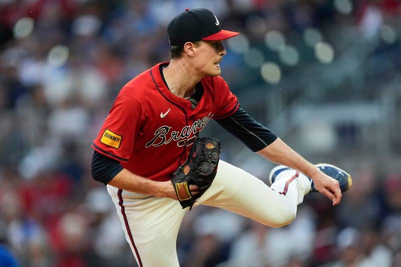 Atlanta Braves starting pitcher Max Fried (54) works against the Toronto Blue Jays in the second inning of a baseball game Friday, Sept. 6, 2024, in Atlanta. (AP Photo/John Bazemore)