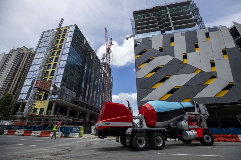 Construction continues on the Midtown Union Project, located at 1331 Spring Street, in Atlanta’s Midtown community, on June 29, 2021. The Midtown Union will be a mixed-use multiple high rise building. (Alyssa Pointer / Alyssa.Pointer@ajc.com)

