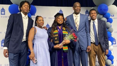 A photo of Dikembe Mutombo and his family provided by this family. Pictured are (from left to right) Ryan, Rose, Carrie, Dikembe and Jean-Jacques Mutombo.