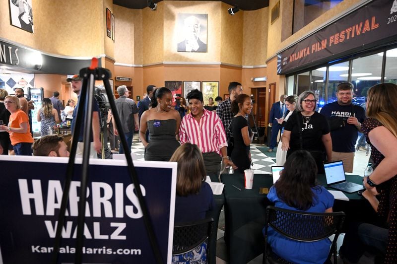 Supporters for Vice President Kamala Harris arrive for Democrat Debate watch party at Tara Theater, Tuesday, September 10, 2024, in Atlanta. The ABC News debate, which begins at 9 p.m., is expected to be the only chance for voters to see the two rivals in a side-by-side confrontation this election season. (Hyosub Shin / AJC)