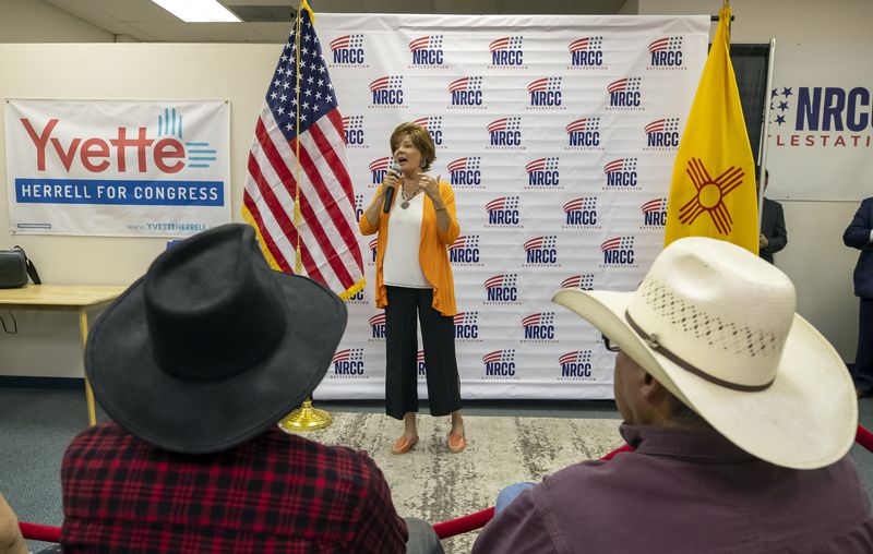 Republican U.S. House candidate Yvette Herrell of New Mexico speaks to attendees of a campaign event in Las Cruces, N.M., Wednesday, Aug. 21, 2024. (AP Photo/Andres Leighton)