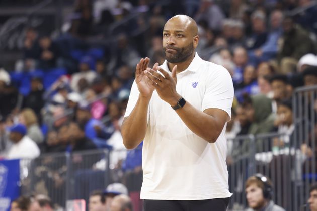 Georgia State Panthers coach Jonas Hayes reacts on the sideline during their game against the Georgia Southern Eagles in a NCAA men’s basketball game at the Georgia State Convocation Center, Thursday, February 2, 2023, in Atlanta. Georgia State won 64-60. Jason Getz / Jason.Getz@ajc.com)