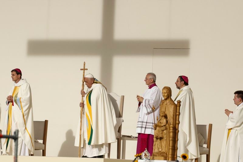 Pope Francis presides over the Sunday mass at King Baudouin Stadium, in Brussels Sunday, Sept. 29, 2024. (AP Photo/Omar Havana)