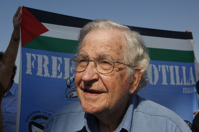 FILE - In this Oct. 20, 2012, file photo activist Noam Chomsky stands during a press conference to support the Gaza-bound flotilla in the port of Gaza City. Chomsky is hospitalized in his wife's native country of Brazil after suffering a massive stroke, she confirmed Tuesday, June 11, 2024. (AP Photo/Hatem Moussa, File)