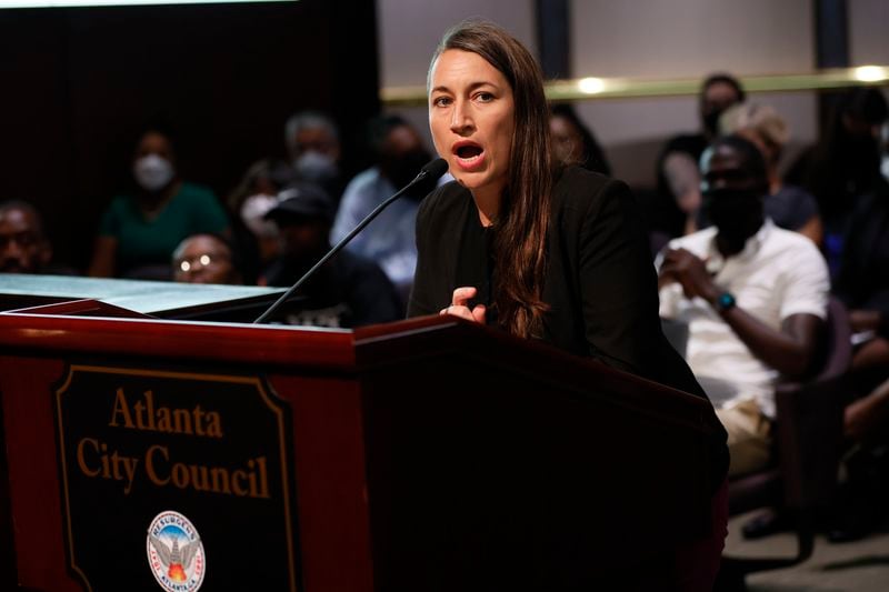 Moki Macias, executive director of Policing Alternatives and Diversion Initiative, spoke during the Atlanta City Council meeting and urged the council to find alternate solution to overcrowding at Fulton County's jail facilities. (Miguel Martinez / miguel.martinezjimenez@ajc.com)