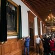 Mexican President Andres Manuel Lopez Obrador unveils his portrait at the National Palace after giving his last morning press conference, "La Mañanera," in Mexico City, Monday, Sept. 30, 2024. (AP Photo/Fernando Llano)