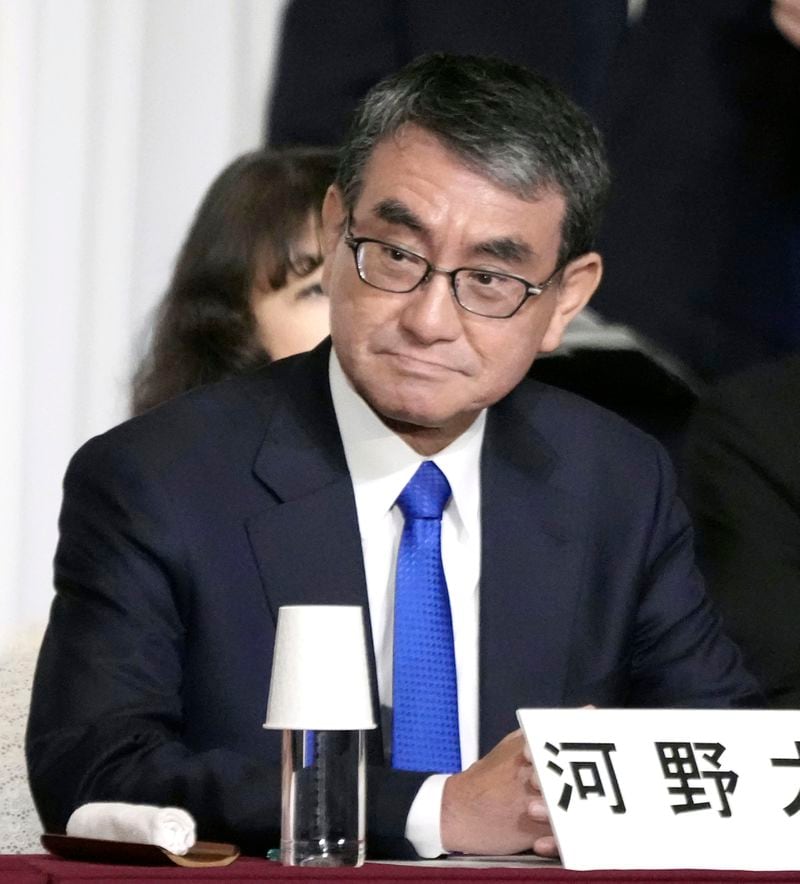 Digital Minister Taro Kono, a candidate for the ruling Liberal Democratic Party's presidential election, attends a joint speech session with other candidates, at the party's headquarters in Tokyo, Japan Thursday, Sept. 12, 2024.(Kyodo News via AP)