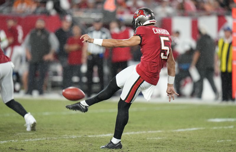 Tampa Bay Buccaneers punter Jake Camarda (5) against the Philadelphia Eagles during the second half of an NFL football game Monday, Sept. 25, 2023, in Tampa, Fla. (AP Photo/Chris O'Meara)