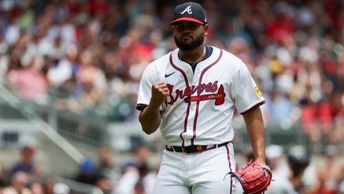 Atlanta Braves starting pitcher Reynaldo López reacts after the final out of the fifth inning against the Detroit Tigers at Truist Park, Wednesday, June 19, 2024, in Atlanta. (Jason Getz / AJC)
