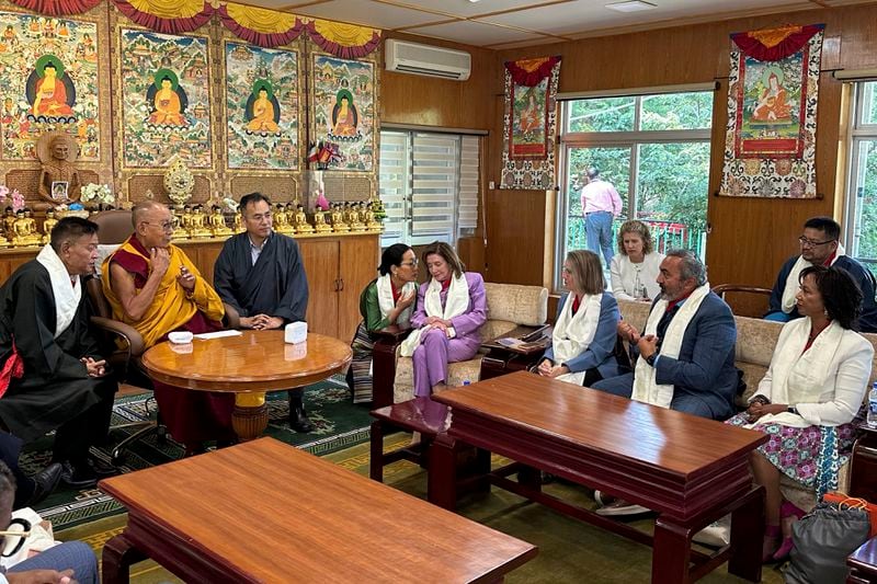This handout photograph shared by Leslie Shedd, a member of the communication team of United States House of Representatives Committee on Foreign Affairs shows United States congressional delegation led by Republican Rep. Michael McCaul meeting with Tibetan spiritual leader the Dalai Lama, second left, in Dharamshala, India, Wednesday, June 19, 2024. (Leslie Shedd via AP)