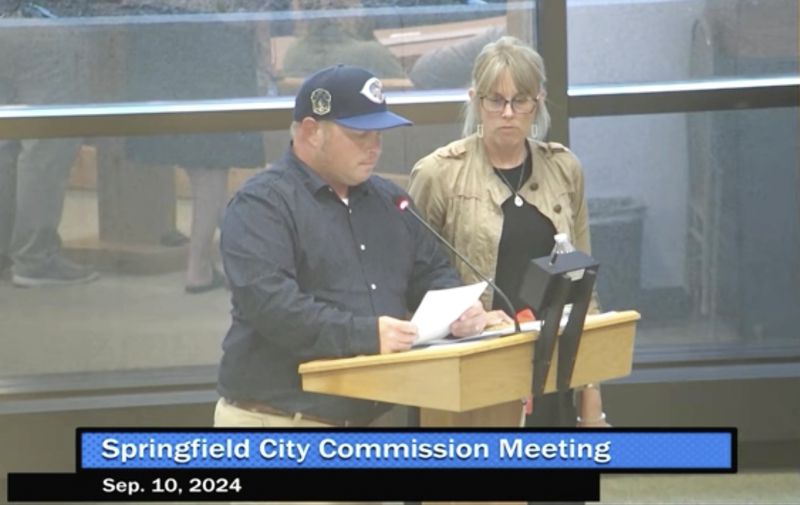 This image made from video released by the City of Springfield shows Nathan Clark, father of Aiden Clark, speaking at a City Commission meeting, Tuesday, Sept. 10, 2024 in Springfield, Ohio. (City of Springfield via AP)