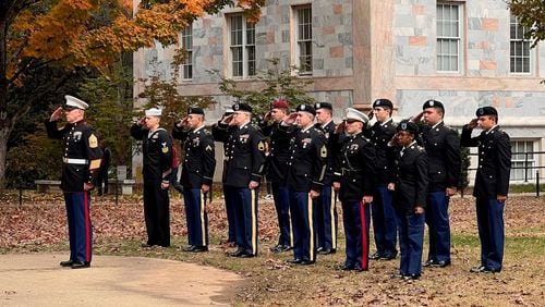 Emory University's Honor Guard salute during the school's 13th annual Veterans Day ceremony, Nov. 11, 2021. (Eric Stirgus / eric.stirgus@ajc.com)