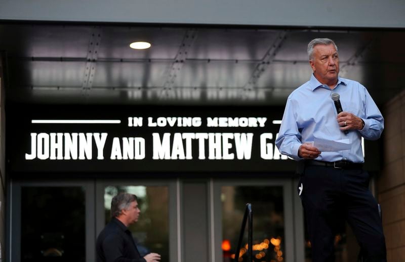 Columbus Blue Jackets general manager Don Waddell speaks during the candlelight vigil to honor Blue Jackets hockey player Johnny Gaudreau, Thursday, Sept. 4, 2024, outside of Nationwide Arena in Columbus, Ohio. Gaudreau and his brother Matthew were killed by a motor vehicle last week while riding bicycles. (AP Photo/Joe Maiorana)