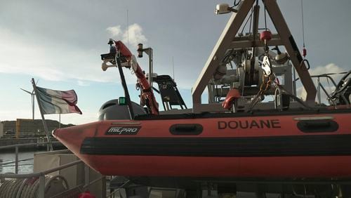 FILE - A view of one of the vessels from the French Gendarmerie Nationale in the port of Boulogne-Sur-Mer, France, Tuesday, Sept. 3, 2024, after participating in the rescue operation after a boat carrying migrants ripped apart attempting to cross the English Channel. (AP Photo/Nicolas Garriga, File)